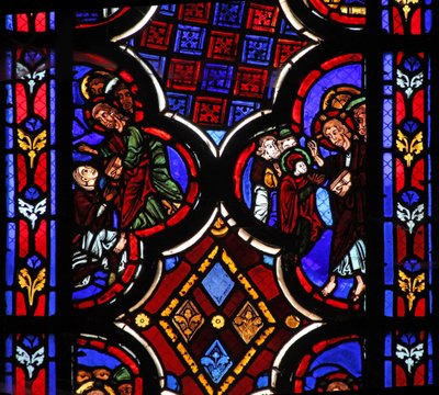 Ventana w1 que representa a Cristo diciendo Yo soy la Resurrección y la Vida de French School
