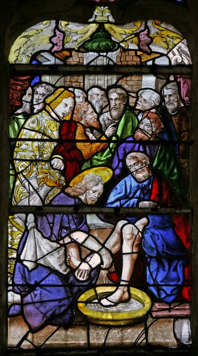 Ventana w1 que representa a Cristo lavando los pies de Sus discípulos de French School