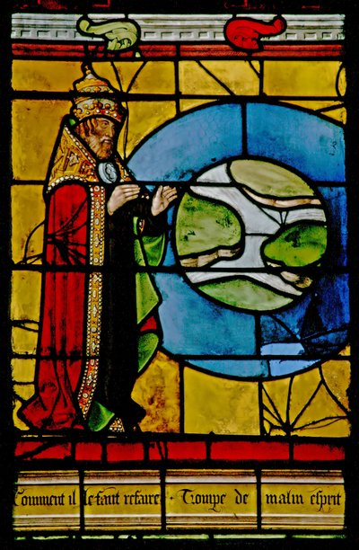 Ventana w1 que representa a Dios creando el cielo alrededor de la tierra de French School