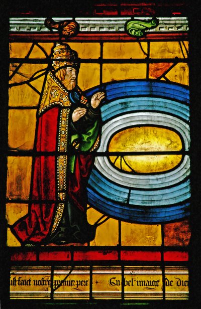 Ventana w1 que representa a Dios creando las aguas alrededor de la tierra de French School