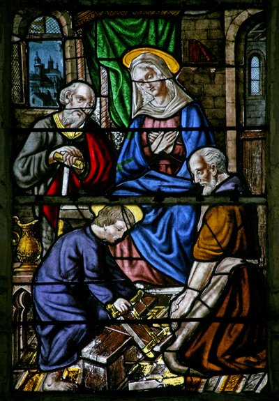 Ventana w1 que representa a Jesús como carpintero de French School