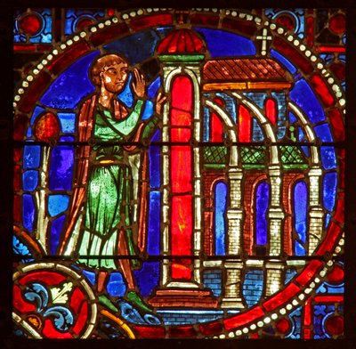 Ventana que representa una escena de la historia de Teófilo: entra en una iglesia para arrepentirse de French School