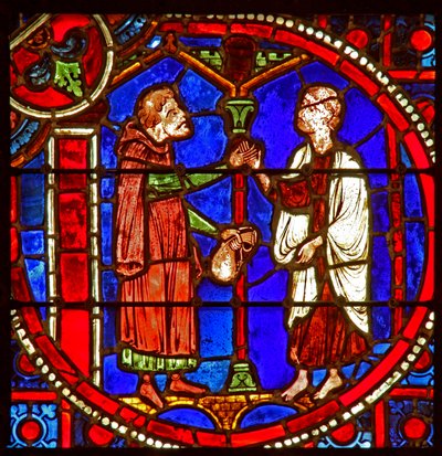 Ventana que representa una escena de la historia de Teófilo: solicita la ayuda de un mago de French School