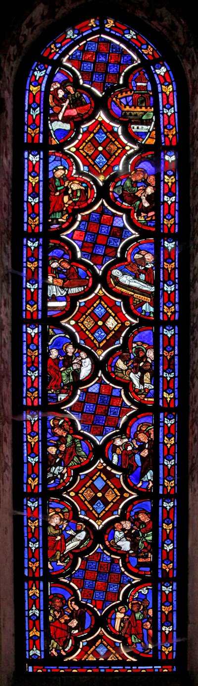 Ventana w1 que representa una escena de la vida de Santa María Magdalena con escenas de la historia de María y Marta de French School