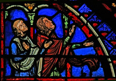 Ventana w1 que representa a los espectadores de la escena de la ofrenda de Santa Ana y Joaquín siendo rechazada de French School
