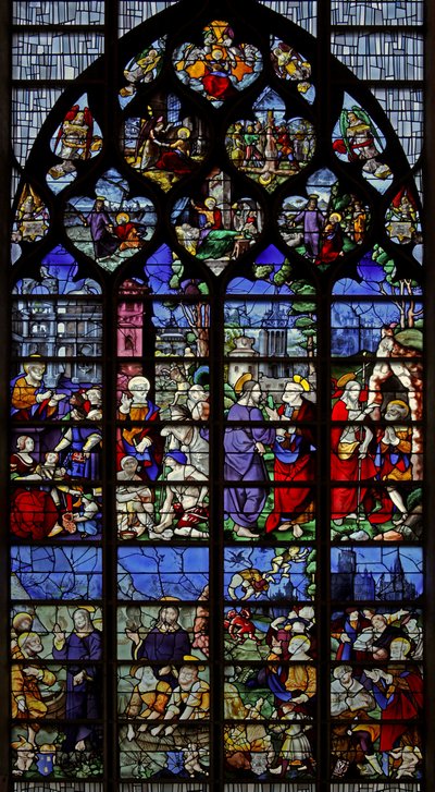 Ventana w1 que representa escenas de la vida de San Pedro de French School