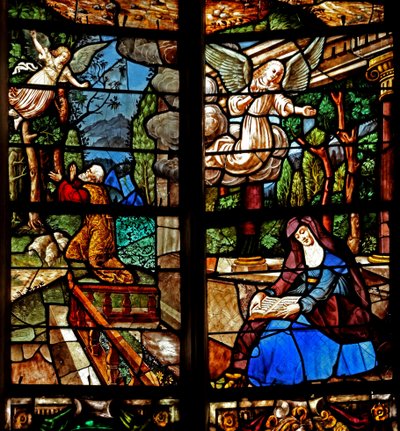 Ventana w1 que representa la Anunciación a Joaquín y Santa Ana de French School