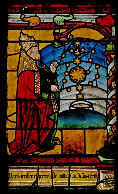 Ventana w1 que representa la Creación del sol, la luna y las estrellas de French School