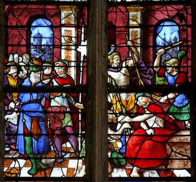 Ventana que representa la coronación con espinas y la burla de French School