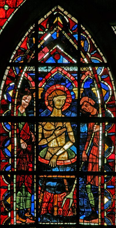 Ventana w202 que representa una escena de la leyenda de San Juan: el santo en un caldero de aceite hirviendo de French School