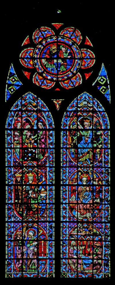 Ventana w203 que representa la Anunciación y la Infancia de Cristo de French School