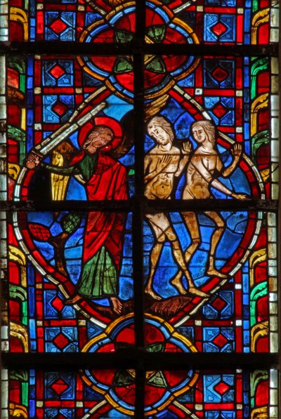 Ventana w207 que representa a Adán y Eva expulsados del Edén de French School