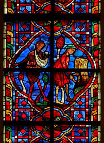 Ventana w207 que representa a Adán y Eva sembrando y cosechando de French School