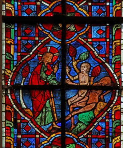 Ventana w207 que representa la creación de Adán y Eva de French School