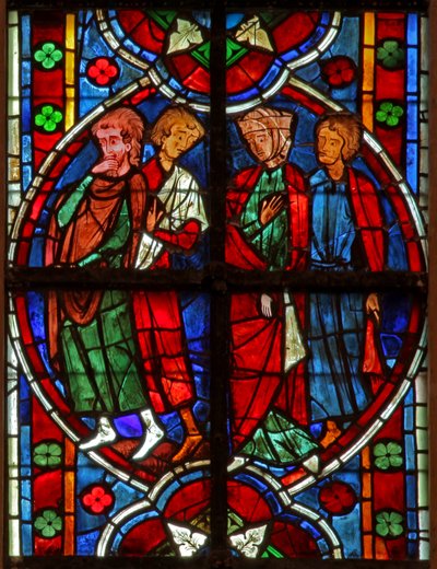 Ventana w209 que representa a un grupo de 3 hombres y una mujer de French School