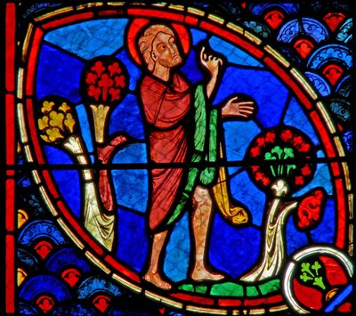 Ventana w20 que representa a San Juan Bautista predicando de French School
