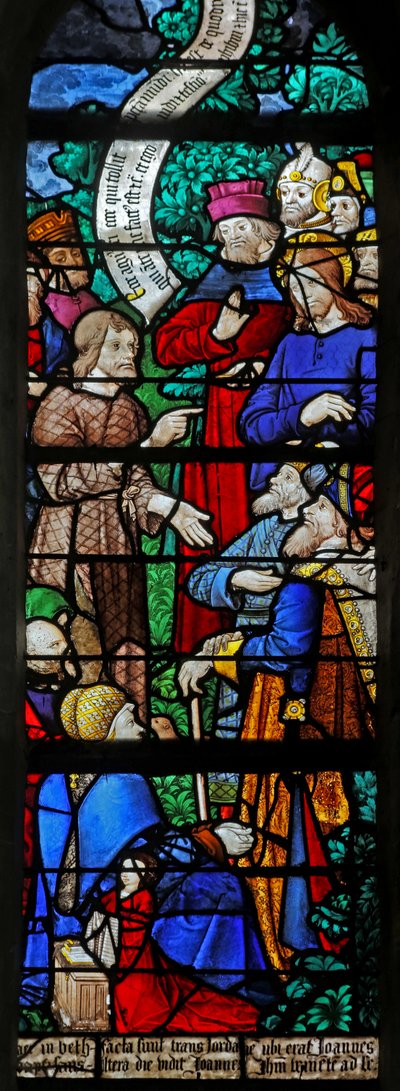 Ventana que representa a San Juan Bautista predicando el bautismo de Cristo en Betania de French School