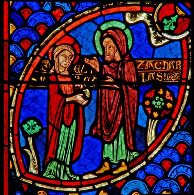 Ventana w20 que representa a Zacarías y Isabel, los padres de San Juan Bautista de French School