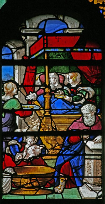 Ventana que representa una escena de la Vida de la Virgen María: su nacimiento de French School