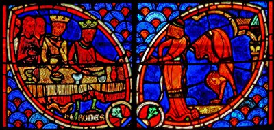 Ventana w20 que representa una escena de la vida de San Juan Bautista: Salomé baila para Herodes de French School