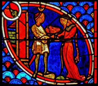 Ventana w20 que representa una escena de la vida de San Juan Bautista: Salomé recibe la cabeza de Juan Bautista de French School