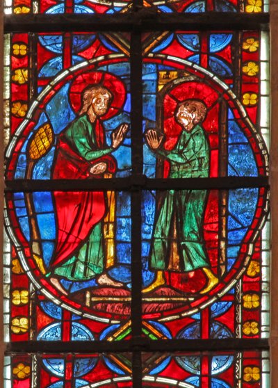 Ventana w210 que representa a Santiago y el aprendiz de mago Hermógenes, Fileto de French School