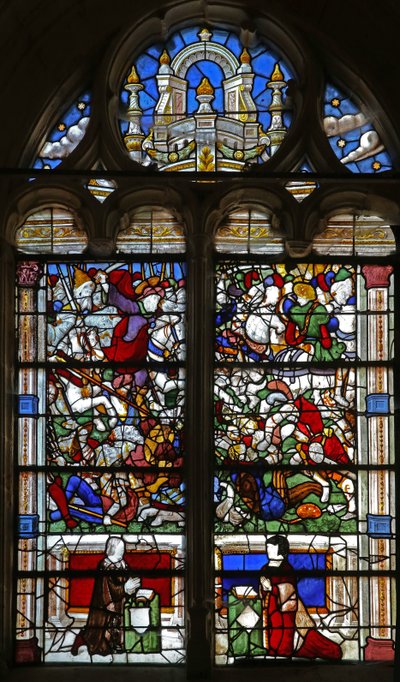Ventana w21 que representa a Santiago en la Batalla de Clavijo de French School