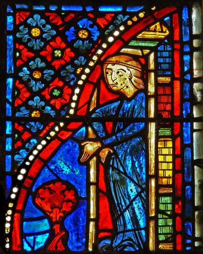 Ventana w21 que representa a Santa María Egipcíaca siendo rechazada para venerar de French School