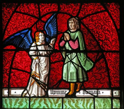 Ventana w21 que representa a Tobías y el ángel Rafael de French School
