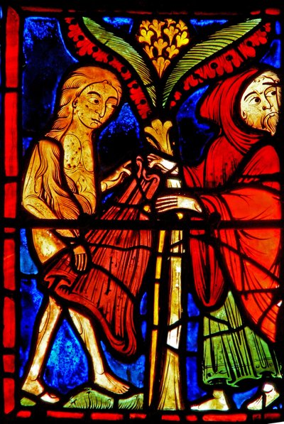 Ventana w21 que representa a Zósimo dando su manto a Santa María Egipcíaca de French School