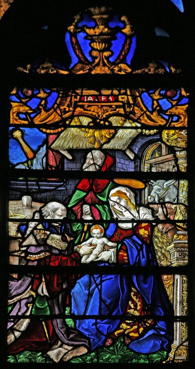 Ventana que representa la Adoración de los Magos de French School