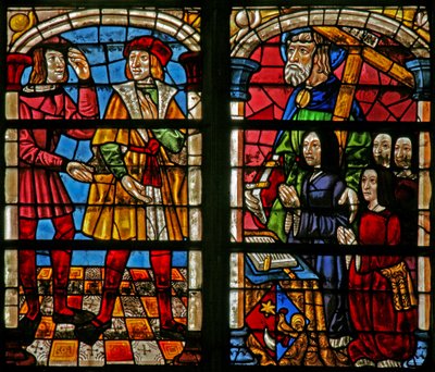 Escena de la historia del hijo pródigo: la ira del hermano mayor; esposa del donante, hijas, San Simón de French School