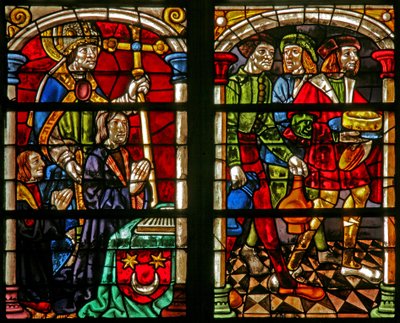 Escena de la historia del hijo pródigo: tres figuras en la fiesta del regreso del hijo pródigo; a la izquierda está el donante y San Guillermo de French School