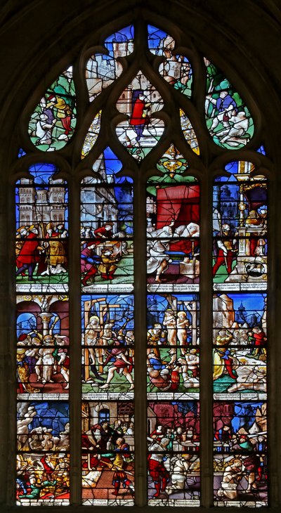 Ventana w23 que representa a San Crispín y San Crispiniano: escenas de sus vidas de French School