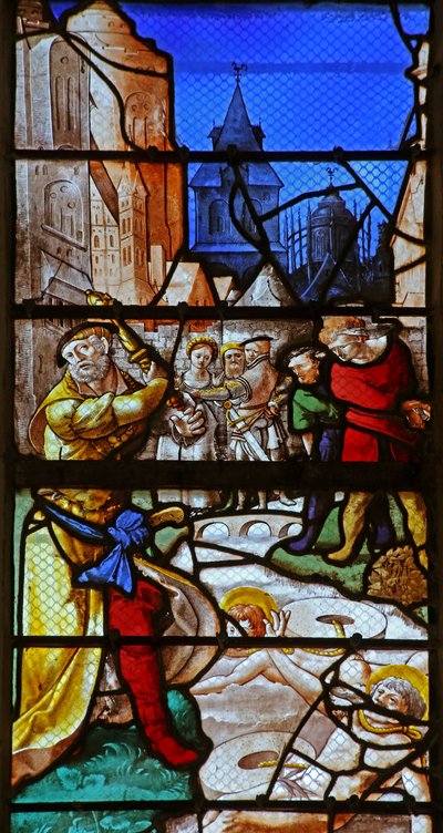 Ventana w23 que representa a San Crispín y San Crispiniano: arrojados al río Aisne con piedras de molino alrededor de sus cuellos de French School