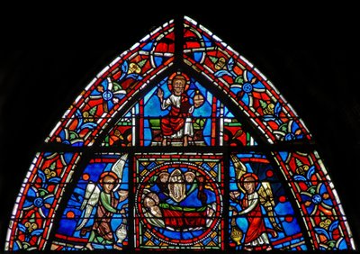 Ventana w23 que representa a San Julián Hospitalario y su esposa muriendo y yendo al cielo de French School