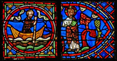 Ventana w23 que representa a San Julián Hospitalario encontrándose con Cristo al otro lado del río cada noche de French School