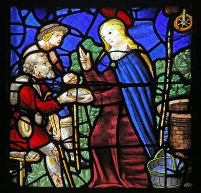 Ventana w24 que representa a Santa Genoveva dando de beber a un leproso de French School