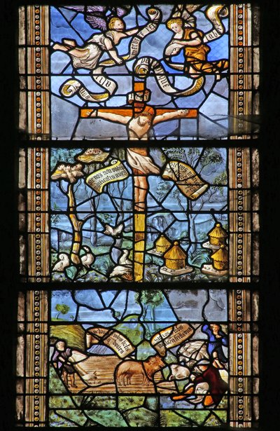 Ventana w26 que representa a Cristo en la Cruz rodeado de escenas campestres inspiradas en Virgilio. Ventana donada por Thomas Mangin de French School