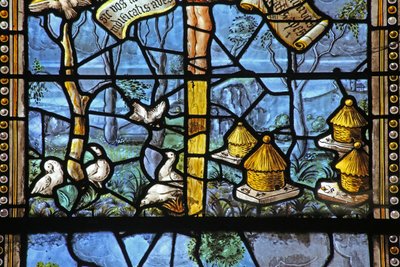 Ventana w26 que representa escenas campestres inspiradas en Virgilio debajo de Cristo en la Cruz de French School
