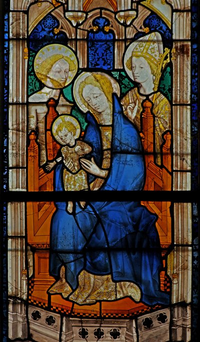 Ventana w27 que representa a la Virgen y el Niño con San Sebastián y un santo obispo de French School