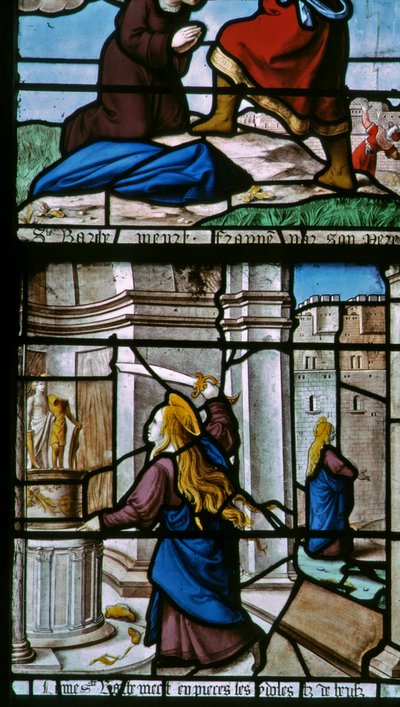 Ventana w29 que representa a Santa Bárbara destruyendo los ídolos de French School