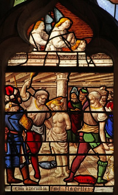 Ventana w29 que representa a Santa Bárbara siendo golpeada de French School