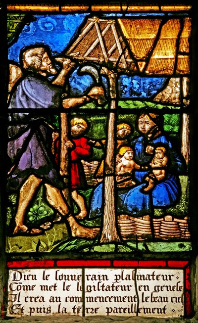 Ventana w2 que representa a Adán y Eva trabajando y criando hijos de French School