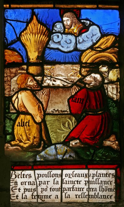 Ventana w2 que representa a Caín y Abel haciendo sus ofrendas de French School