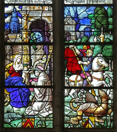 Ventana que representa a un obispo donante ante la Virgen y el Niño; San Jorge de French School