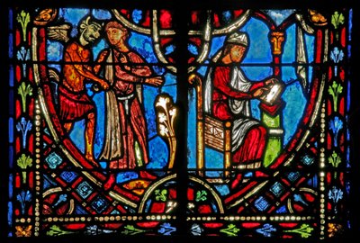 Ventana w2 que representa una escena de la historia de Teófilo (moderna) de French School
