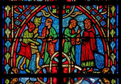 Ventana w2 que representa una escena de la historia de Teófilo (moderna) de French School