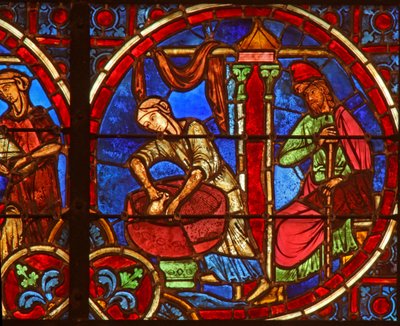Ventana que representa la Natividad con parteras de French School