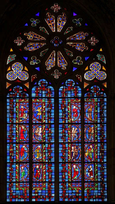 Ventana w30 que representa paneles reajustados de la Creación, con Adán y Eva y Caín y Abel: paneles reajustados de French School